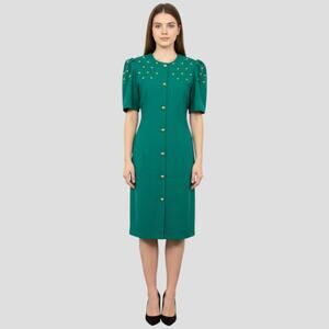 Vintage 70s FLORENTINE Canada Dress Green with Gold Buttons Secretary 11/12